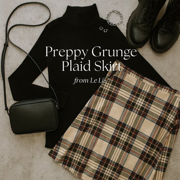 Le Lis Plaid A-Line Skirt XL Stretch Elastic Waist Pockets • Preppy Grunge Twee - Picture 1 of 13
